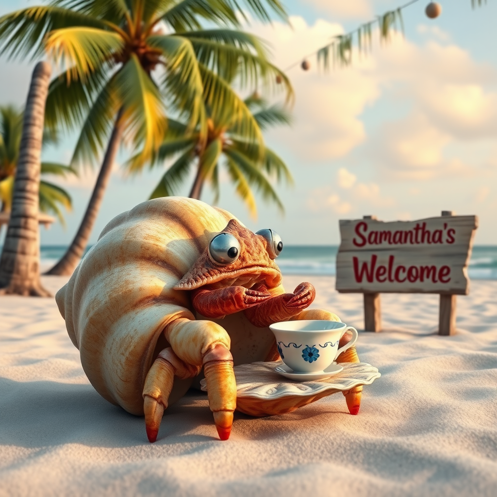 A photo realistic hermit crab in a large spiral shell having a tea party on a beach with palm trees with a nearby sign that says "Samantha's Welcome"