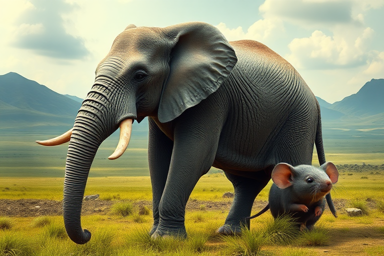 Create a full-length photorealistic image featuring an elephant that has the musculature and silhouette of a mouse. The elephant's head remains intact, complete with detailed facial features. Its skin retains the texture of an elephant while incorporating soft fur reminiscent of a mouse. The background blends elements inspired by both animals, showcasing a unique habitat, combining verdant grasslands and open spaces with hints of a cozy, burrow-like environment.