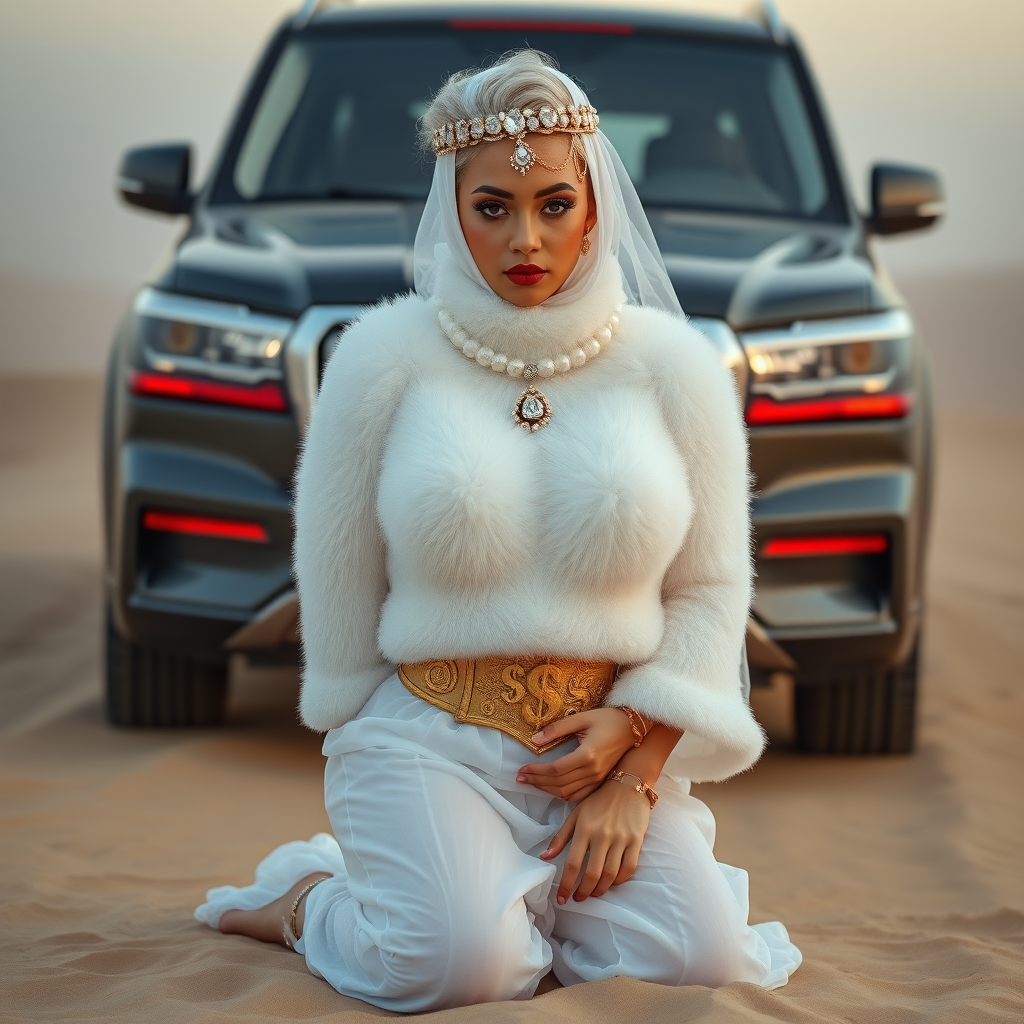 Kuwait desert dunes misty dawn, full size luxury SUV: Melissa, European 17 years old very convincing femboy “trophy-bimbo”, tamed servile docile, very beautiful feminine flawless face, rather short, by hormones very curvaceous womanly figured, platinum blond short tight curls, bold red lips, heavily made-up face, wearing Supertanya-style fluffy very fuzzy bright white angora turtleneck-poncho cropped ending under bust decorated with pearls and gemstones, striking oriental wide gold bridal protection belt, white fully transparent harem pants, full Oriental bridal jewelry including headpiece, white transparent Burka face veil covering noose and mouth, coin anklets, striking diamond “$$$” letter brooch on left chest, pout frustrated, hands tied behind back, kneeling in sand in front of SUV, looking at camera. Focus on face and turtleneck-poncho.