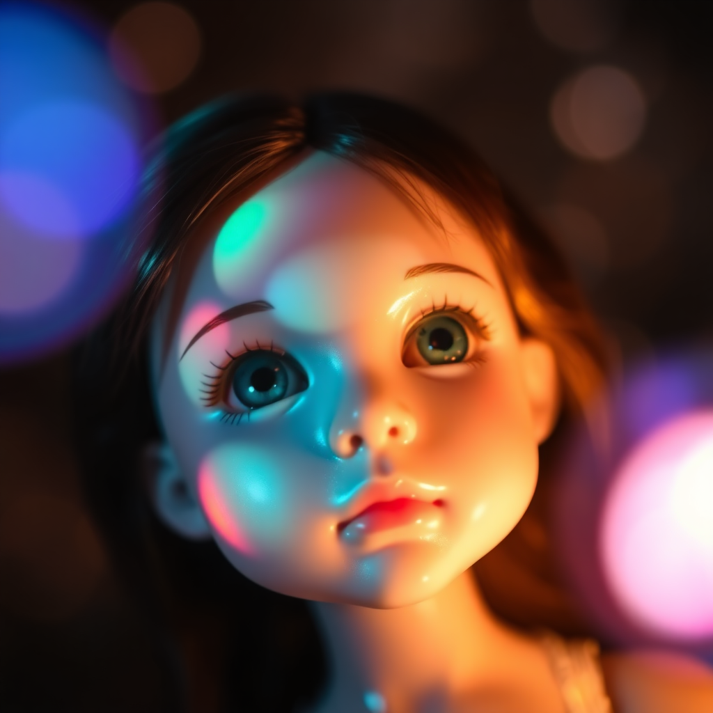 preteen artists doll, porcelain, looking up dreaming, Bokeh, abstract, brilliant colors, glittering, translucent, mother of pearl, opal, iridescent, natural skin, glowing, artistic photo, wide angle