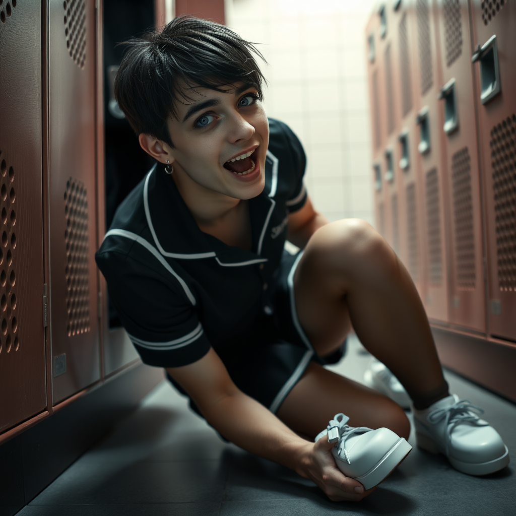 photorealistic, ultra high resolution, 16K, surreal fantasy, soft studio lighting, a pretty 17 year old goth male, slim male physique, short dark hair, blue eyes, goth makeup, earrings, sheer pantyhose, UK girls-school uniform, Mary-Jane shoes, kneeling on the floor of the locker room looking up at the camera, excited open mouth smile, drooling saliva, facing the camera.