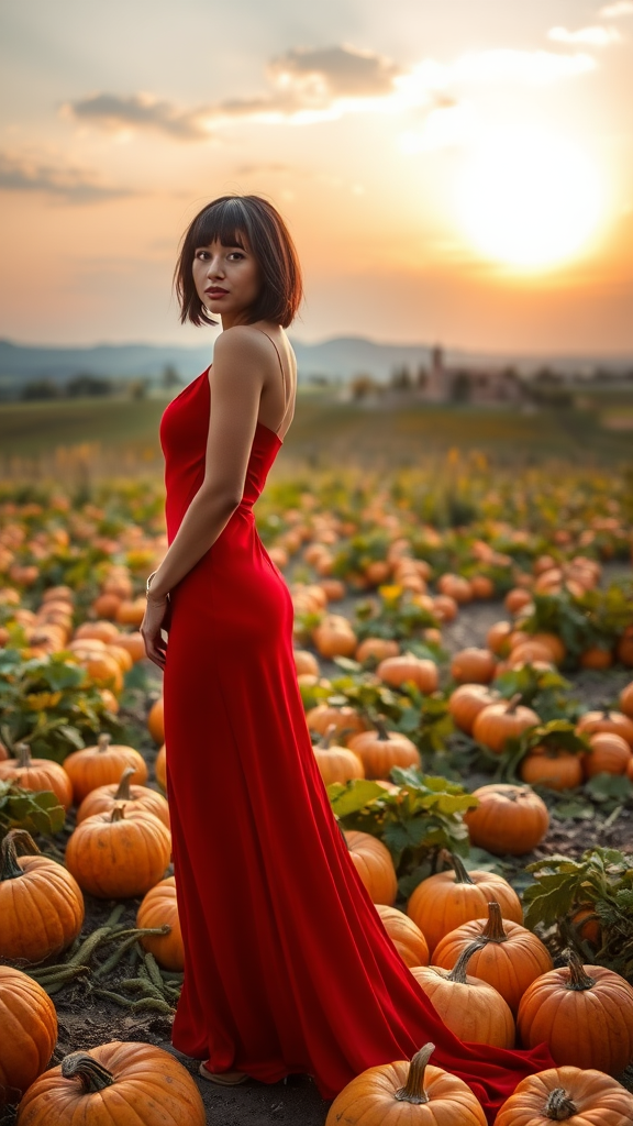 On the left, a beautiful model in a long red dress, with very short layered black hair and 12 cm heels, in the background a field of large orange pumpkins, in the background a Venetian countryside with a farmhouse and a small church, sky at sunset with the sun and white clouds.