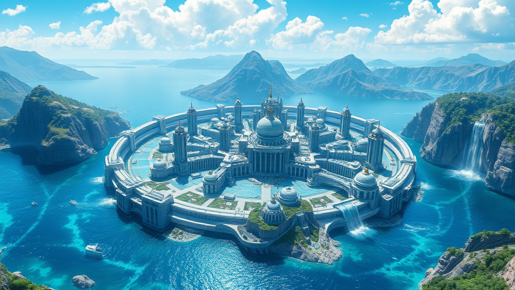 In this 8k resolution anime art, the scene presents an awe-inspiring and cinematic view of Greater Atlantis, a technologically advanced Greek-styled city. The cityscape is grand and expansive, featuring towering, uniquely-shaped structures crafted from blue marble, their intricate designs reflecting a blend of classical elegance and futuristic innovation.

The city is encircled by a massive ringed structure, creating a dramatic and protective barrier that adds a sense of grandeur and scale to the scene. This ringed structure is both functional and ornamental, its design seamlessly integrating with the overall aesthetics of the city.

The surrounding waters are expansive and crystal clear, with white, technologically advanced objects gracefully hovering above the surface, adding a touch of futuristic technology. These floating elements contrast beautifully with the natural landscape, creating a harmonious blend of the organic and the synthetic.

Mountains rise majestically in the background, their peaks adorned with cascading waterfalls that shimmer in the light. The waterfalls tumble down the rocky slopes into the waters below, creating a serene and picturesque setting.

Tropical lands with lush greenery and vibrant flora spread out around the city, enhancing the sense of paradise and luxury. The combination of advanced technology and natural beauty encapsulates the essence of Greater Atlantis, making it a captivating and immersive world.

The entire scene is rendered with high-quality cinematic visuals, capturing the grandeur and magnificence of this extraordinary city in stunning detail.