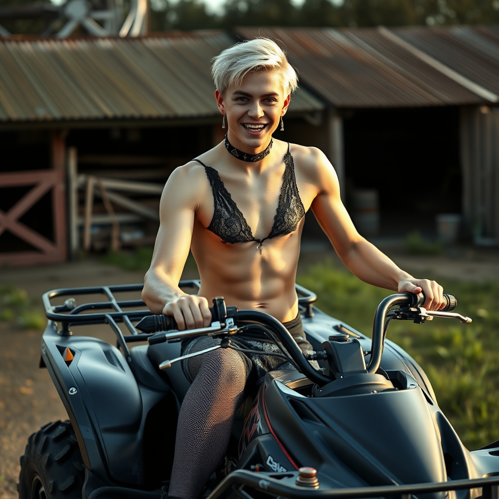 photorealistic, ultra high resolution, 16K, surreal fantasy, soft studio lighting, Caleb Swift is a pretty 16 year old goth male , slim male physique, blonde hair, blue eyes, goth makeup, earrings, sparkling blue-gray pantyhose, black lacy trainer-bra, stilettos, spikey neck collar, riding a quadbike in the farm yard during daytime, excited open mouth smile, bulging male crotch, full body in wide view facing the camera.