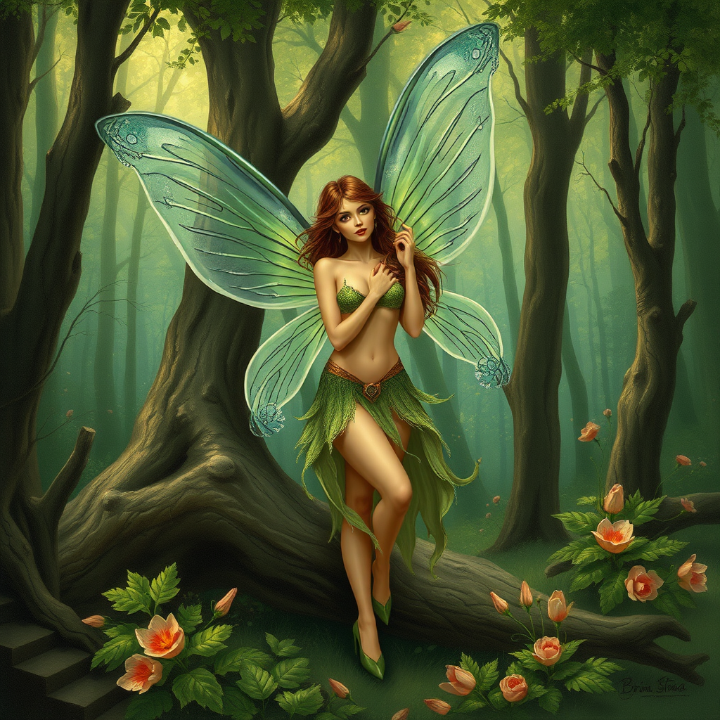 A classic forest scene with an attractive and seductive fairy. The scene is lush with the art styling of Brian Stroud.