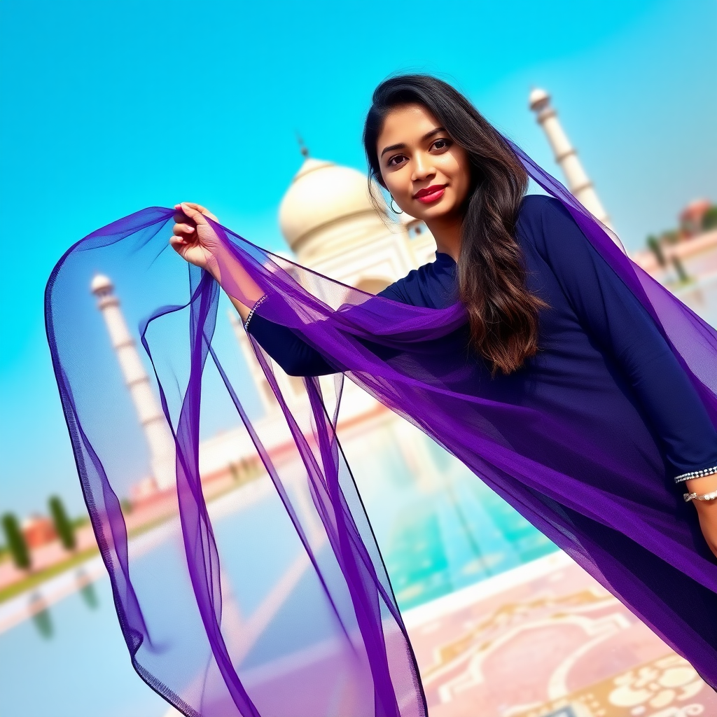 A 20 year old model in navy blue kurti with mesh violet dupatta taking photo in front of Taj Mahal, high contrast, photography taken according to the rules of photography, azure sky, taken from low angle.