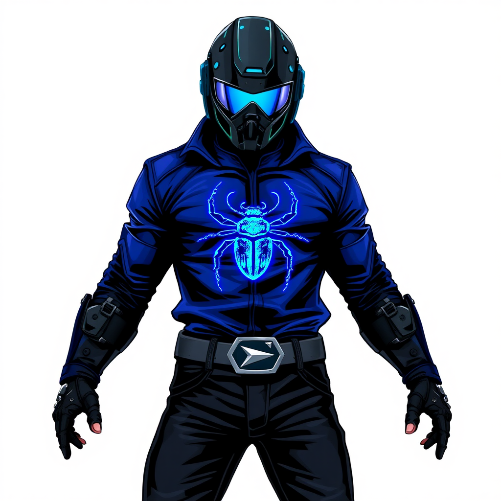 A 28-year-old hi-tech cyberpunk vigilante stands heroically, clad in hi-tech, maximum blue leather shirt featuring a neon blue beetle on the chest. He wears black biker pants, a black belt with a sapphire beetle buckle, and a helmet resembling a sleek, tactical design, but colored maximum blue with neon blue glowing lenses. Their hands are protected by black metal gloves, all set against a solid white background. He is drawn as if he was in a retro 2D cyberpunk fighting game.