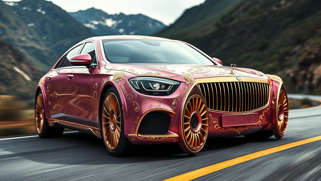 futuristic maybach s680 sedan, A luxurious, pink and gold-plated car adorned with intricate, ornate designs and carvings. The vehicle features prominent headlights and a distinctive front grille, mountains road motion blur