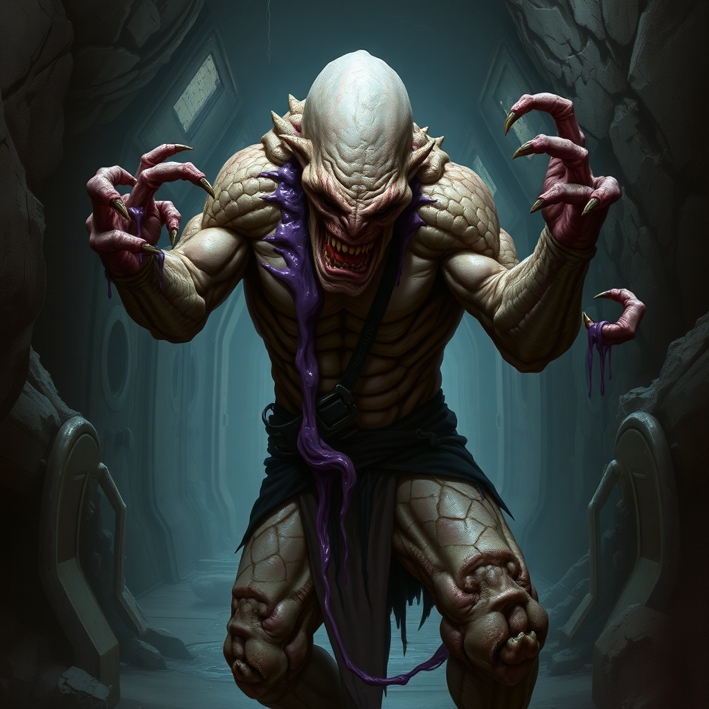 Sci-fi digital horror painting. Heavily mutated crew member, skin covered with sturdy scales, his body and limbs elongated and twisted while muscles ever tensing. Aggressive violent snarl on face. One hand has long sharp claws while the other looks relatively normal. Purple goo oozing all over him. Dark rocky industrial corridor.