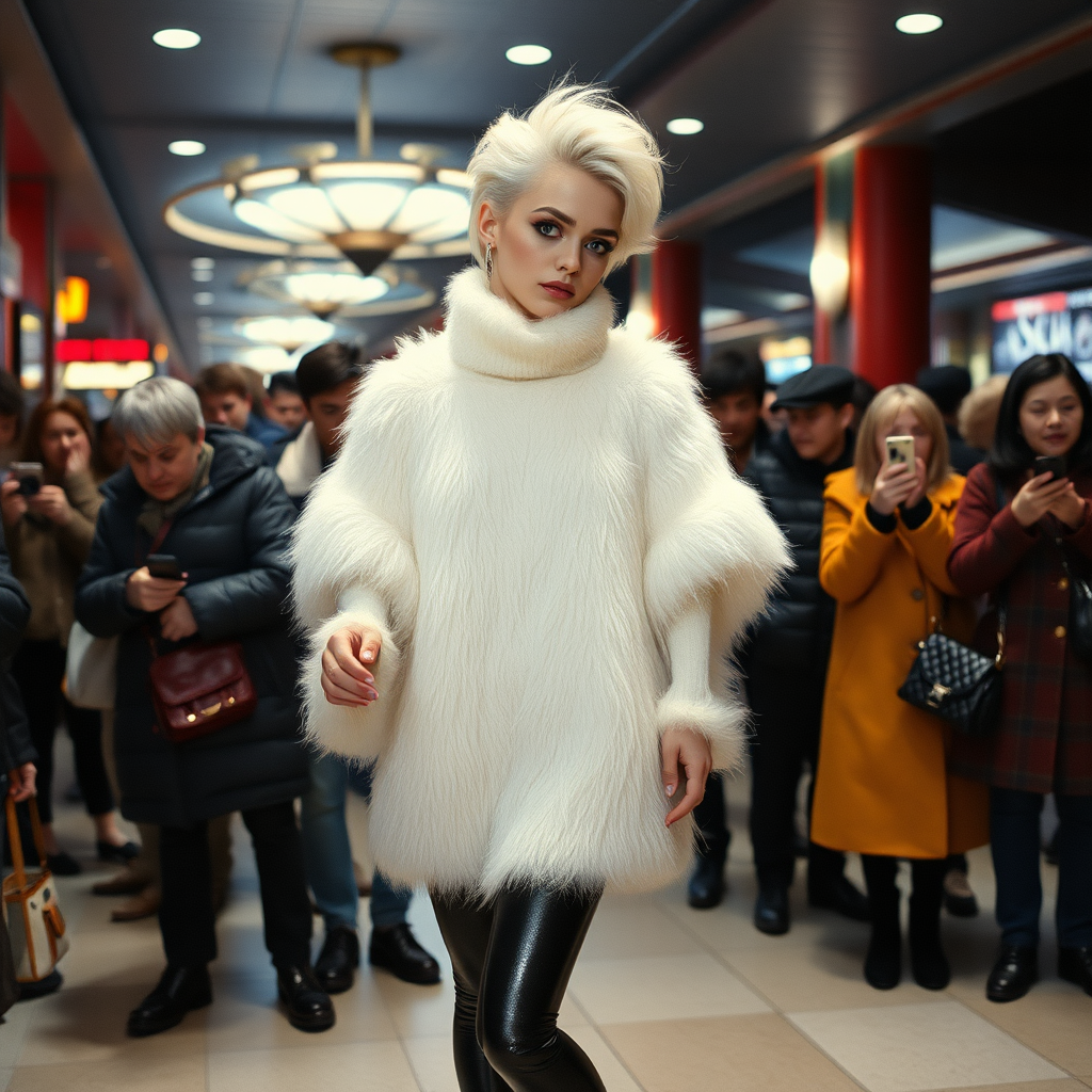 1990 winter evening, crowded cinema lobby: Sam, 19 years old beautiful involuntary femboy, rebellious intractable character, petite boyish figure, platinum blond boyish rebel punk hairstyle, flawless heavily made-up face with sharp arched tattooed eyebrows, wearing Supertanya-style fluffy very fuzzy bright white angora thigh-length turtleneck-poncho fully covering body and arms, silver-glitter leggings, black leather high-heeled pumps, silver earrings, puzzled alarmed, pout serious, impatiently waiting for her master. Other visitors watching laughing taking pictures. Full view of scene.