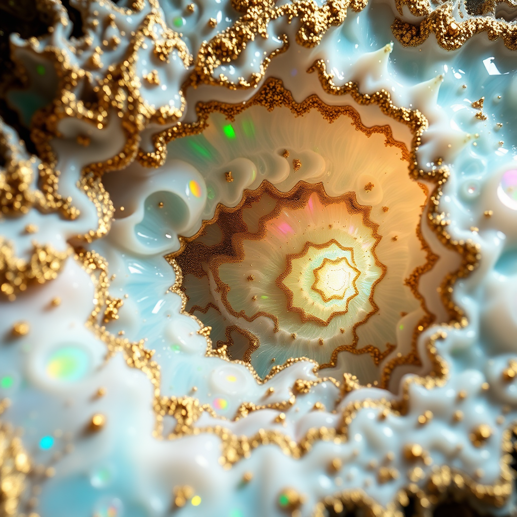 mandelbulb fractal landscape, ultra-detailed, dynamic composition, artistic photograph, geode, alabaster, fractal, brilliant colors, glittering, illumination, transparency, translucent, opal, turquoise, gold, romanticism, sharp focus