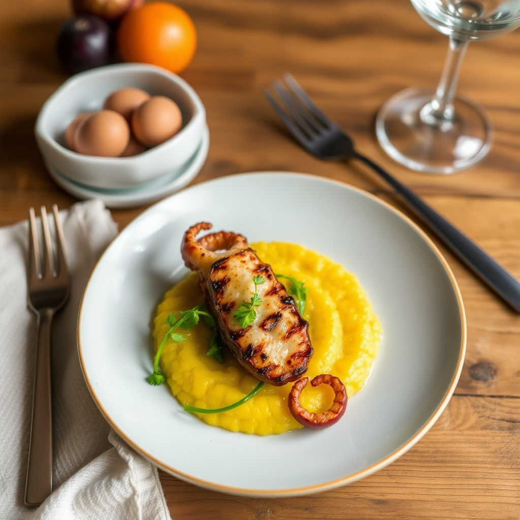 Plante with polenta and grilled octopus