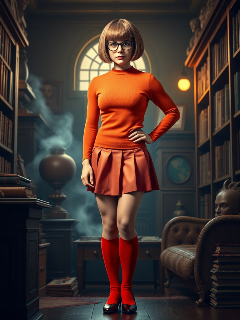 Create a full-length photorealistic image: Character Velma Dinkley possesses an inverted triangle body type of a male bodybuilder. Keep Velma's head intact, maintaining her signature bob hairstyle and glasses. Ensure her iconic costume — orange turtleneck sweater, red pleated skirt, knee-high socks, and Mary Jane shoes — fits this new muscular physique. Background inspired by Velma's mystery-solving world, featuring elements like a spooky library or an ancient mansion. Maintain consistent lighting and detailed surroundings.