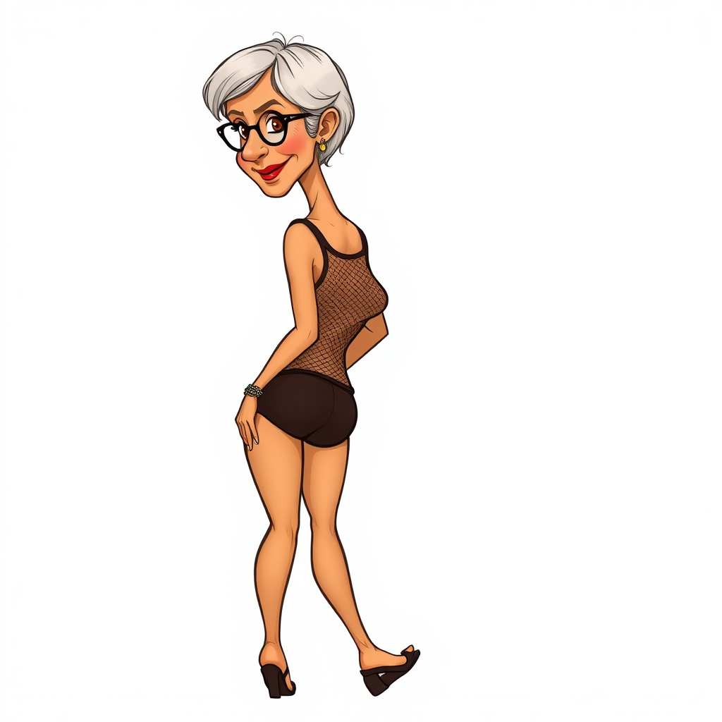 55 Years old, European, Latina, sharp aquiline nose, wrinkles, high cheekbones, Middle Eastern, Skinny, Tanned skin, Dark light skin, Rounded Medium breasts, Skinny thighs, round ass, full Makeup, jewelry, Serious face, Sharp nose, blushing, Ash hair, short bowl haircut, Brown eye color, Glasses, with detailed features. swaying hips, smiling, She is walking away, back side view, she is looking over her shoulder, she is wearing a brown mesh tight tank top and a tight full coverage black ruched thong, visible panty line, detailed fabric. full body, high heels sandals, long establishing shot, 2D, caricature, cartoon, Sketch lines, coloring book, coloring book style on white background, well composed, clean coloring book page, No dither, no gradient, strong outline, No fill, No solids, vector illustration, movement lines. realistic proportions