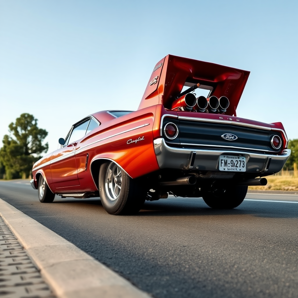 The drag car is parked on the side of the road, inspired by Taiyō Matsumoto, tumblr, restomod, nd4, c4 metallic shine classic american low rider custom paint ford