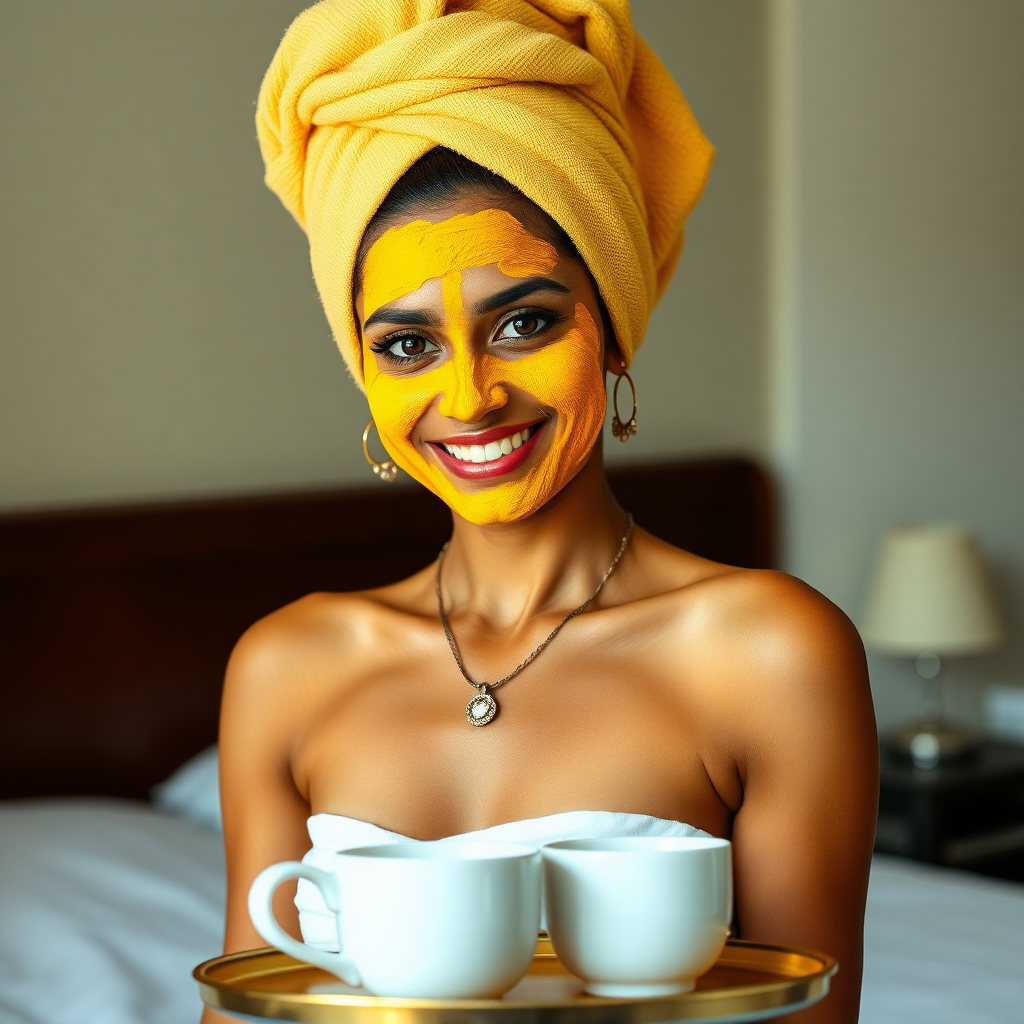 slim, 30 year old, indian Bride, towel head, turmeric face mask. She is smiling and serving bedside coffee on a tray.