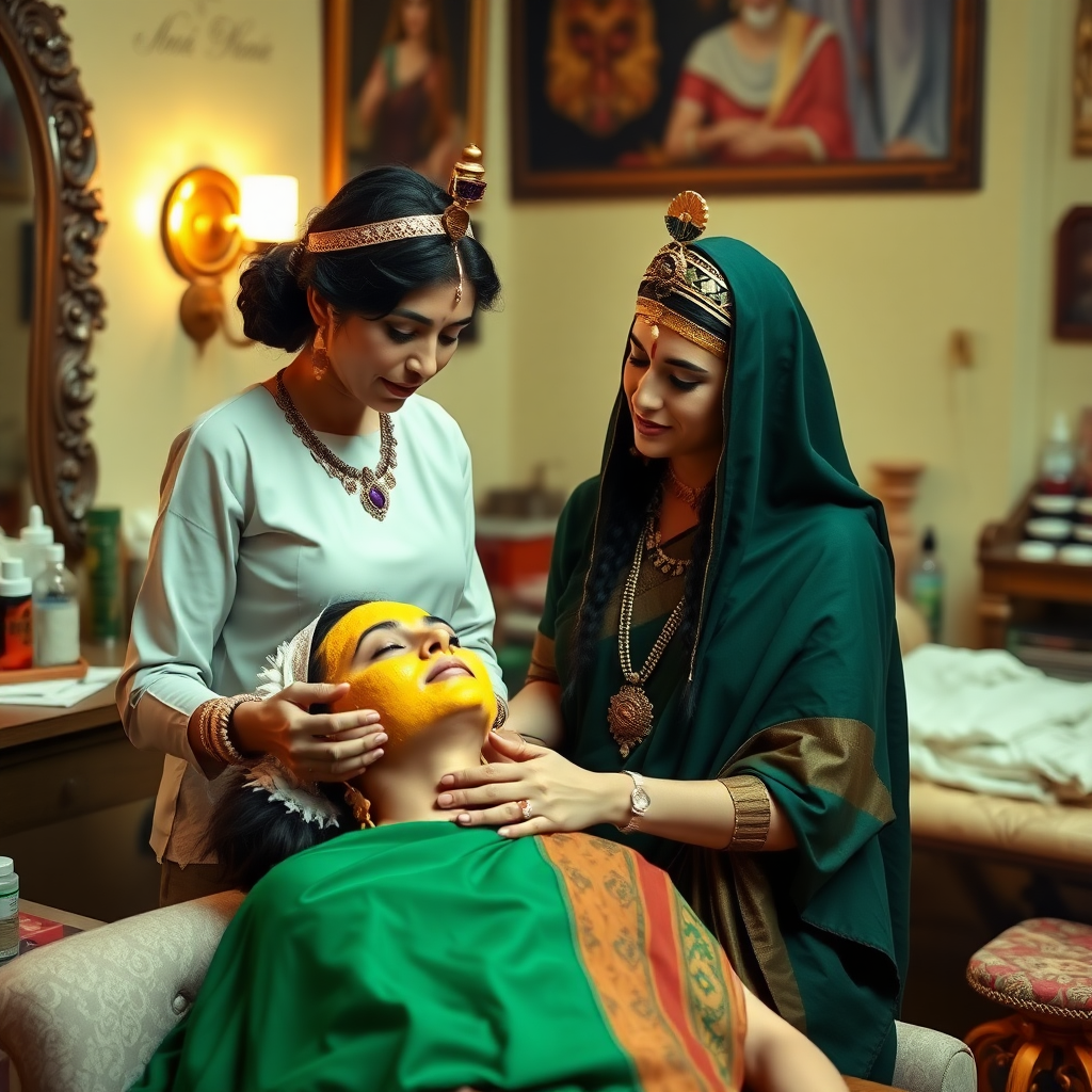 Cleopatra, working in a beauty parlour, giving a turmeric facial to a rich, traditional Indian wife.