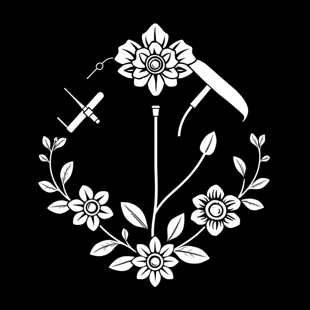 a black on white, line design made up of surgical and floral iconography