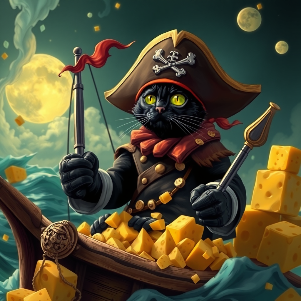 Black cat pirate Captain with treasure cheese filled with cheese on a pirate ship in a sea of cheese, steampunk