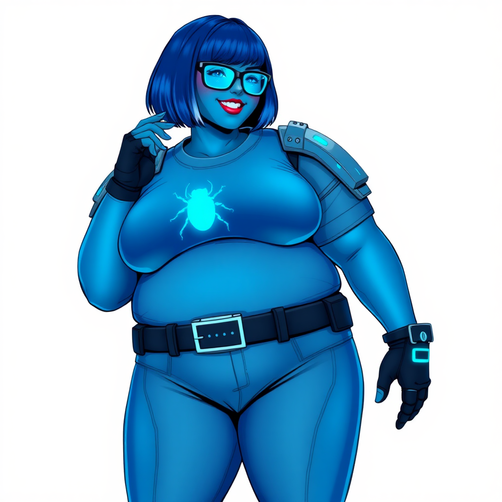 A 28-year-old, full-figured, metallic maximum blue (5PB 5/10) skinned computer program hybrid with a maximum blue bob cut. She has a non-athletic build, highlighted by a prominent, round, large midsection (with emphasis on her round large belly), which shows the effects of her new love of junk food acquired from her boyfriend. As the full-figured, nerdy, digital sidekick to her cyberpunk vigilante boyfriend, her metallic maximum blue skin and maximum blue lipstick (5PB 5/12) emphasize her digital nature. Her skin has a subtle, animated glow, with digital patterns occasionally flickering across it, making her digital nature obvious. She wears a digital, computerized costume, consisting of a massive, tight-fitting, maximum blue t-shirt (5PB 5/12) made out of advanced nanotech with a neon blue glowing chest icon of a beetle, hi-tech shoulder pads with neon blue accents, a black hi-tech belt with a digital neon blue glowing buckle, digital maximum blue biker pants (5PB 5/12) with neon blue accents, and black hi-tech fingerless biker gloves with neon blue glowing accents. Her neon blue glowing eyes, black eyeglasses with neon blue glowing lenses equipped with a built-in HUD, and bashful smile with neon red blush accentuate her nerdiness. She stands bashfully with one hand behind her back and the other hand gently touching her cheek, her costume covering all her skin and emphasizing her full figure (especially her round large belly). She is clearly non-athletic, with a focus on her full-figured physique. Despite her build, she radiates beauty. She has a slim face compared to her physique, accentuating her radiant beauty. She is on a solid white background. She is drawn as if she were in a retro 2D cyberpunk fighting game.