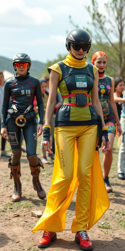 an outdoor fashion show - models wearing futuristic designs made of rubber, recycled fabrics, repurposed consumer goods, etc.