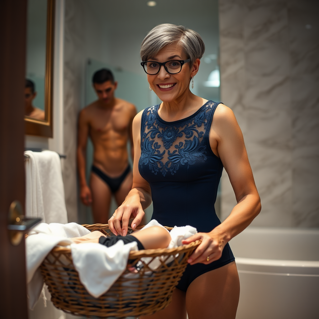 In the bathroom, an amazed European skinny boy is rummaging in a basket full of lingerie while being watched from a distance by a gorgeous 45-year-old European Latina with a sharp aquiline nose, wrinkles, high cheekbones, Middle Eastern features, skinny build, tanned skin, dark light skin, rounded medium breasts, skinny thighs, big rounded ass, full makeup, jewelry, serious expression, and sharp nose. She looks shocked, smiling, blushing, with an open mouth, appearing hornily flustered. Her ash hair is styled in a short bowl cut, slicked back, and she wears glasses that highlight her detailed features. She is dressed in a navy blue embroidered leotard made of detailed fabric. The shot is a full-body, landscape wide shot, in focus.