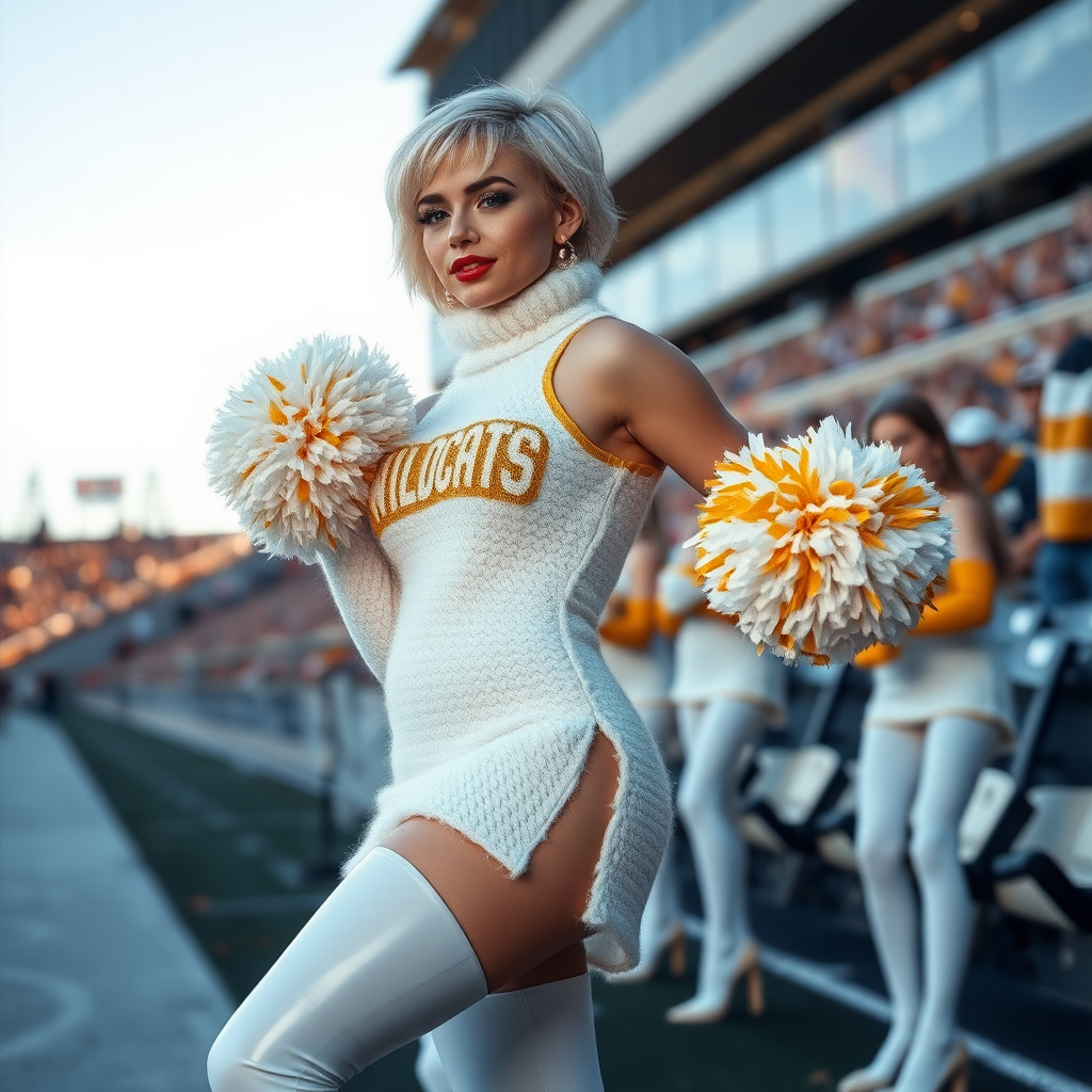 Sunny cold fall noon, college football stadium game, cheerleaders cheering for the home team: Ana, a 17-year-old European very convincing femboy “QB’s trophy-bimbo,” tamed servile docile, very beautiful feminine flawless face, rather short boyish figure, platinum blond short tight curls, bold red lips, heavily made-up face, wearing Supertanya-style chunky fluffy very fuzzy bright white plushy mohair figure-hugging turtleneck-knit dress with “gold “WILDCATS” letters, white vinyl thigh-high boots with golden heels and white furry trimming, large gold-white pompoms, pearl earrings, leaning forward presenting her assets to irritate the visiting team.