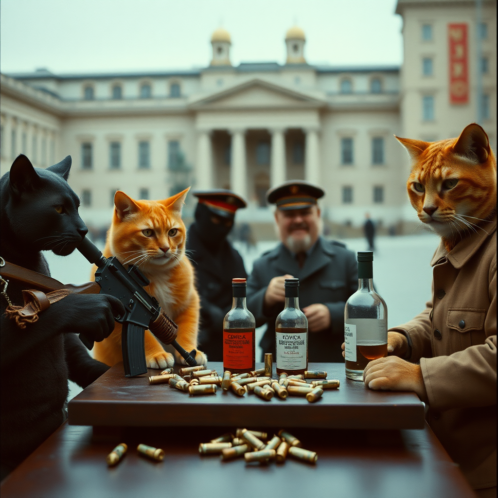 4 cat-men in a large square, one dark-skinned holding an AK-47, one orange with a Russian military cap, one dark brown and one light brown, Soviet communist with vodka, around a table with bullet casings on it (film photography style)