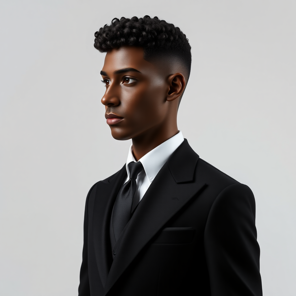 Black profile model man, dressed in an elegant suit, long pants, patent leather shoes, very short curly hair, oval face, small nose, brown eyes, thin lips, normal attached ears, slight double chin, Mediterranean complexion, very thin brown eyebrows.