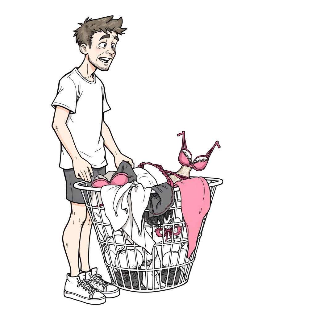 nervous short 20 year old european skinny man, short white t-shirt, standing, stunned, mesmerized, joyful, aroused, heavy drooling, heavy sweating, fumbling through a small dirty laundry basket full only of sexy woman heavily stained worn lingerie, detailed fabric, side view, sneakers, detailed feet, 2D, caricature, cartoon, Sketch lines, coloring book, coloring book