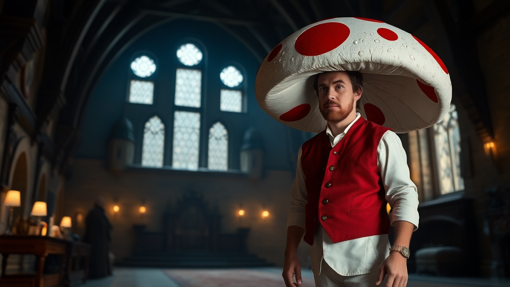 Interior. Dimly lit castle. Peter Dinklage with white pants, red vest, and large mushroom cap shaped hat that is white with large red spots.