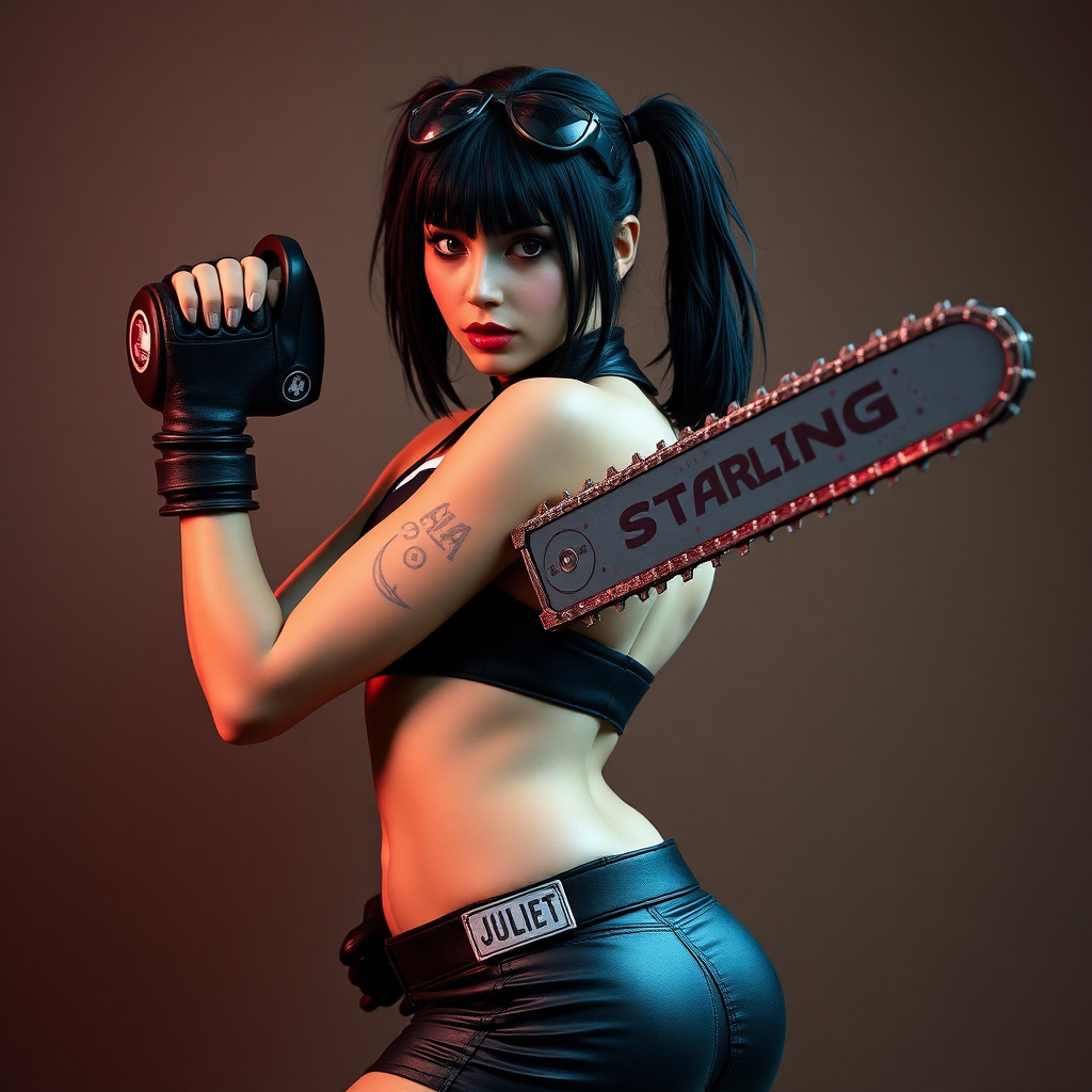 JULIET starling is an emo cheerleader with a chainsaw in her left hand and black hair.  
erotic pose