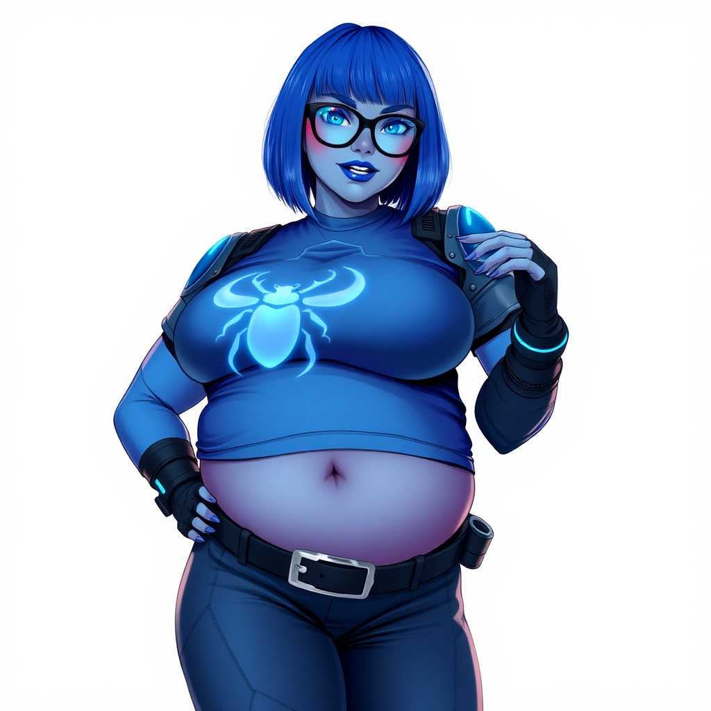 A 28-year-old, full-figured, metallic maximum blue (5PB 5/10) skinned computer program hybrid with a maximum blue bob cut. She has a non-athletic build, highlighted by a prominent, round, large midsection (with full emphasis on her round belly), which shows the effects of her love of junk food acquired from her boyfriend. As the full-figured, nerdy, digital sidekick to her cyberpunk vigilante boyfriend, her metallic maximum blue skin and maximum blue lipstick (5PB 5/12) emphasize her digital nature. Her skin has a subtle, animated glow, with digital patterns occasionally flickering across it, making her digital nature obvious. She wears a digital, computerized, superhero costume, consisting of a massive, tight-fitting, maximum blue t-shirt (5PB 5/12) made out of advanced nanotech with a neon blue chest icon of a beetle, hi-tech shoulder pads with neon blue accents, a black hi-tech belt with a digital neon blue glowing buckle, digital maximum blue biker pants (5PB 5/12) with neon blue accents, and black hi-tech fingerless biker gloves with neon blue glowing accents. Her neon blue glowing eyes, black eyeglasses with neon blue glowing lenses equipped with a built-in HUD, and bashful smile with neon red blush accentuate her nerdiness. She stands bashfully with one hand behind her back and the other hand gently touching her cheek, her costume covering all her skin (especially her midsection) and fully emphasizing her full figure (especially her round belly). She is clearly non-athletic, with a focus on her full-figured physique. Despite her build, she radiates beauty. She has a slim face compared to her physique, accentuating her radiant beauty. She is on a solid white background. She is drawn as if she were in a retro 2D cyberpunk fighting game.