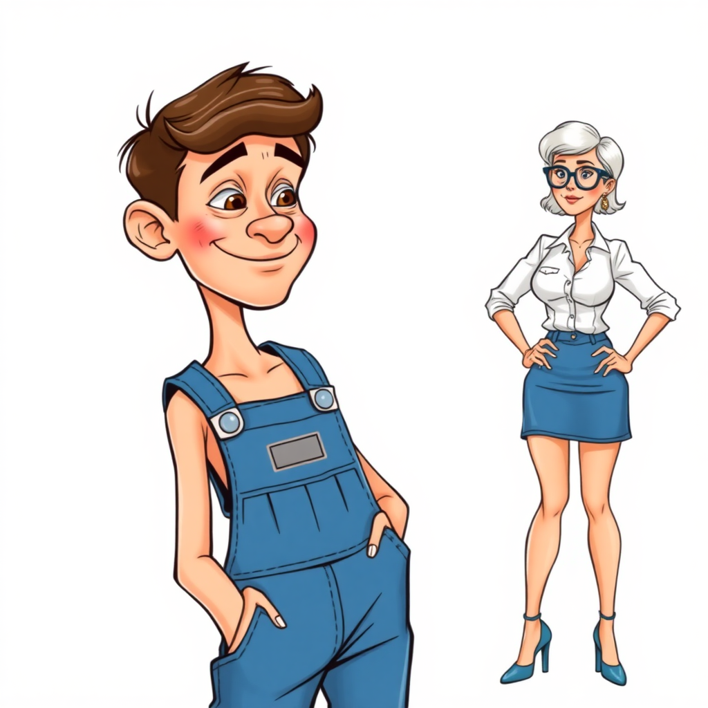 20 year old european skinny boy wearing work overalls is blushing excited while listening to a 55 Years old, European, Latina, sharp aquiline nose, wrinkles, high cheekbones, Middle Eastern, Skinny, Tanned skin, Dark light skin, Rounded Medium breasts, Skinny thighs, full Makeup, jewelry, Serious face, Sharp nose, blushing, Ash hair, short bowl haircut, Brown eye color, Glasses, with detailed features. Hands on hips; She is watching the boy, she is wearing a white shirt and a blue skirt, detailed fabric. full body, high heels sandals, long establishing shot, 2D, caricature, cartoon, Sketch lines, coloring book, black and white, coloring book style on white background, well composed, clean coloring book page, No dither, no gradient, strong outline, No fill, No solids, vector illustration