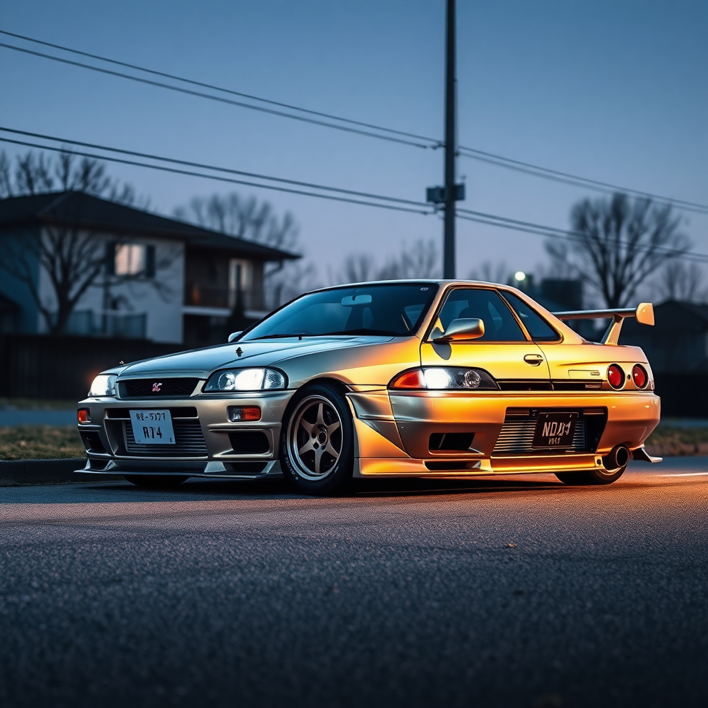 metallic shine nissan skyline r34 the car is parked on the side of the road, inspired by Taiyō Matsumoto, tumblr, restomod, nd4, c4 cold colors