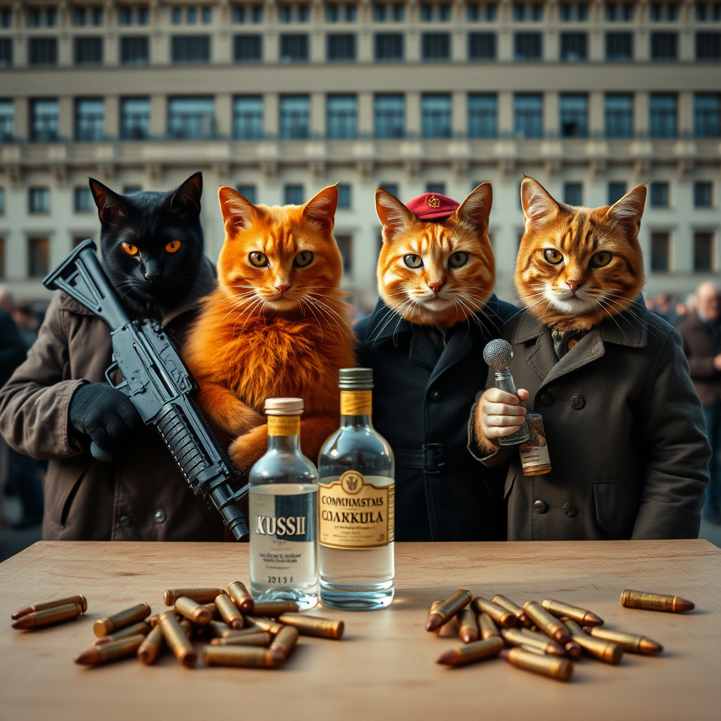 4 cat-men who are not looking at the camera, in a large square, a dark-skinned man holding an AK-47, an orange one with a Russian military cap, a dark brown and a light brown one, USSR communists with vodka, behind a table with bullet casings on it (film photo style)