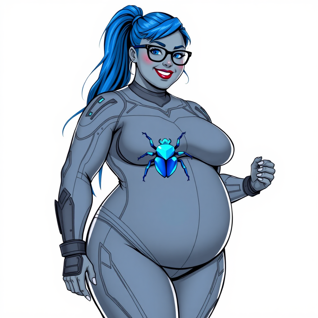 A 28-year-old computer science major embracing her new life as her cyberpunk vigilante boyfriend's nerdy, full figured, heavily pampered, middle gray skinned computer program hybrid girlfriend and digital sidekick with a long, maximum blue ponytail. She wears maximum blue lipstick and has bright blue eyes. Her outfit includes a digital, computerized, middle gray bodysuit (accentuating her gargantuan midsection) featuring a maximum blue gemstone beetle chest icon. She sports black eyeglasses, with a beaming smile and neon red blush. Her full figure reflects the doting care of her vigilante boyfriend. She uses her power to hack into computers and machines to serve as her hero's minicomputer who operating out of his hi-tech wristwatch and supercar's supercomputer. The background is solid white. She has a prominent, round, gargantuan midsection. Her midsection is bloated to emphasize her physique. Her middle gray metallic skin highlighting her digital nature. She is drawn as if she was in a retro 2D cyberpunk fighting game.