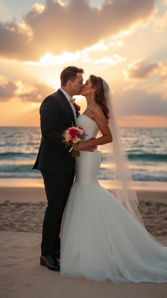 Bride and groom dressed elegantly, she in high heels and he in patent leather shoes, he passionately kisses the bride, in the background the sea with a beautiful beach, sunset sky with sun rays and clouds.