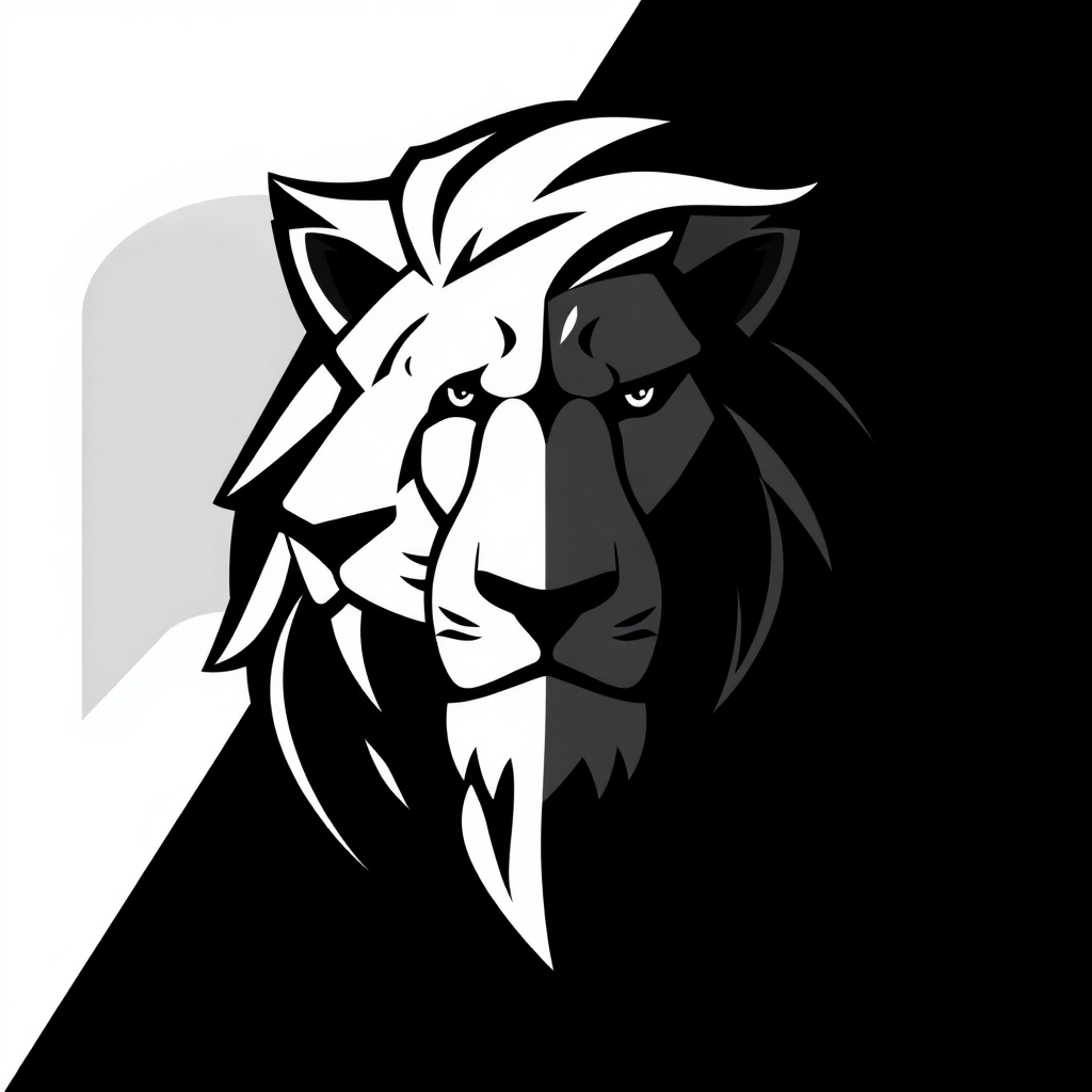 Create a logo design of a stylized lion. The logo should feature a bold and elegant representation of a lion's head, incorporating geometric shapes and smooth lines. Use a monochromatic color scheme, emphasizing black and white contrasts. The design should convey strength and majesty, suitable for a sports team or a brand. The background should be simple to ensure the lion logo stands out prominently.