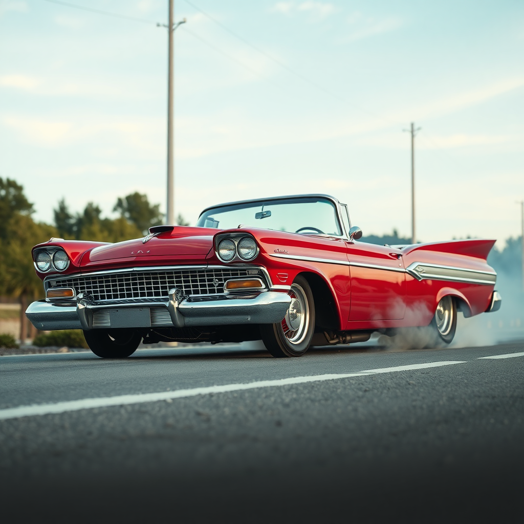 the drag car is parked on the side of the road, inspired by Taiyō Matsumoto, tumblr, restomod, nd4, c4 metallic shine candy red classic american low rider custom ford