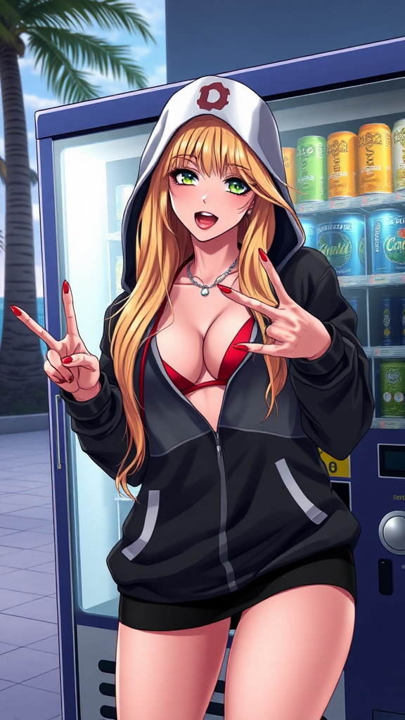 Background of a vending machine in Miami Florida beach cityside, Anime, a sexy seductive long-blond hair, green-eyes with makeup eyelashes, wearing a black-white-dark swagger hoodie under a red-bikini and red-gstring thong, red-nails, red lips, throwing gang signs