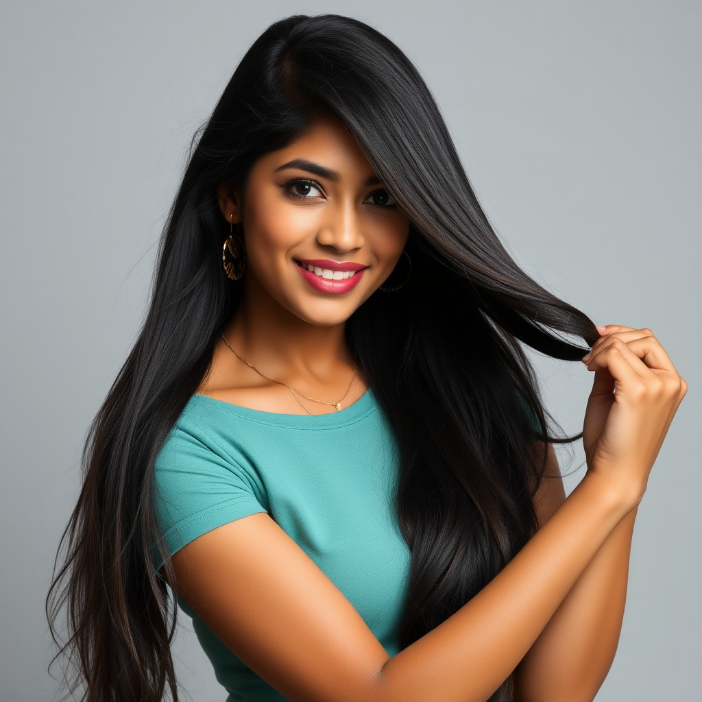 An attractive Sinhalese woman in her 20s styling her long hair.