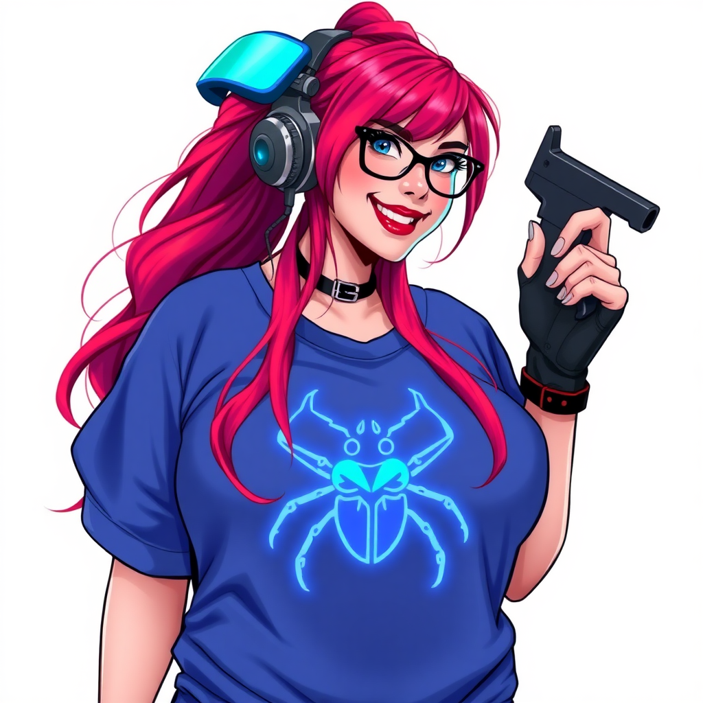 A cyberpunk vigilante’s full-figured intelligent and tech-savvy 29-year-old girlfriend, who is a computer hacker and tech genius. She has a long ruby red ponytail and bright blue eyes. She wears a sapphire beetle gemstone necklace, and an oversized maximum blue t-shirt featuring a giant neon blue glowing icon of a beetle on its chest. She has a full-figured physique with a prominent, gargantuan, round midsection, reflecting her well-cared-for lifestyle. The midsection is heavily emphasized. She sports a sapphire headset with hi-tech maximum turquoise lensed HUD visor, black eyeglasses, and a beaming smile with a passionate bright red blush. Despite her figure and a lack of self-esteem, she radiates an air of beauty. She has an angular face which contributes to her radiant beauty. She serves as his tech expert from his hideout, holding a holographic tablet and a hi-tech tool wrench. The background is solid white. She is drawn as if she was in a retro 2D cyberpunk fighting game. Make sure her shirt covers her round midsection.