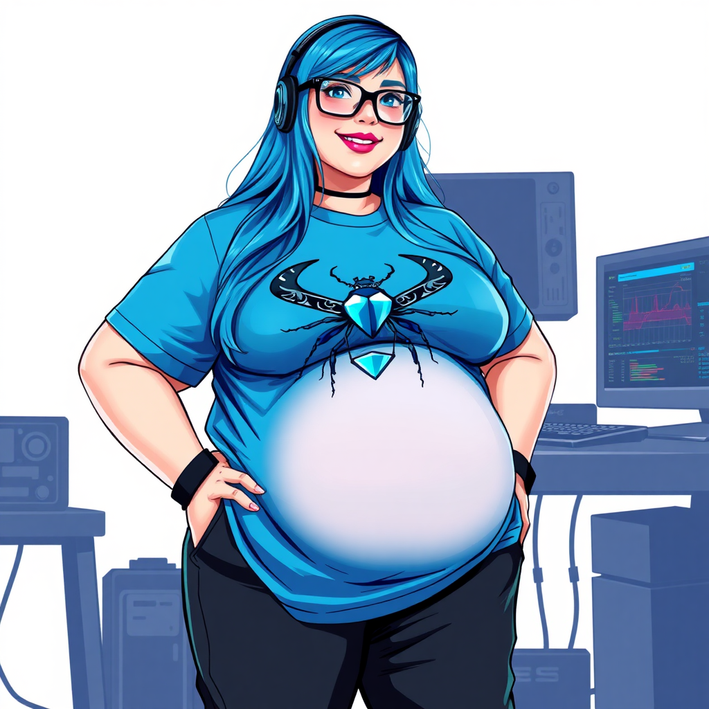 A cyberpunk vigilante's 28-year-old computer science major nerdy, full figured, heavily pampered computer hacker and tech-wiz girlfriend with long, maximum blue hair. She wears maximum blue lipstick and has bright blue eyes. Her outfit includes an oversized, maximum blue t-shirt (accentuating her gargantuan midsection) featuring a maximum blue gemstone beetle chest emblem. She sports black eyeglasses, black sweatpants, a sapphire headset with a maximum blue lensed HUD, with a beaming smile and neon red blush. Her full figure reflects the doting care of her vigilante boyfriend. As her boyfriend's tech-wiz, she primarily works in his hideout, operating from her workbench and her computer desk. The background is solid white. She has a prominent, round, gargantuan midsection. Her midsection is bloated to emphasize her full figure. She is drawn as if she was in a retro 2D cyberpunk fighting game.