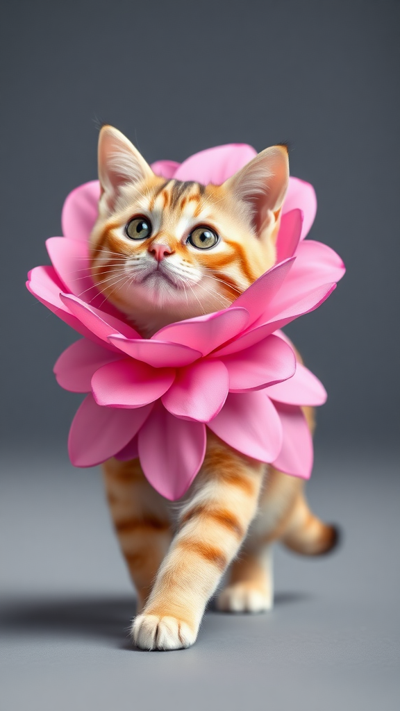 A little chubby big yes pink nose cat walking on two paws wearing a real pink flower costume doing ramp walk.