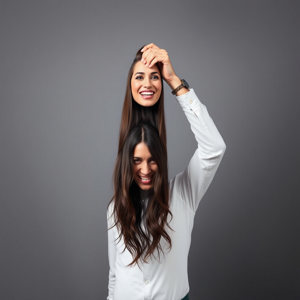 A surreal image of a smiling male magician holding up the disembodied head of a very long haired Meghan Markle. He is grabbing her very long hair and pulling it up high in the air, while her head is hanging by her hair from his grasp to display it to the camera. Plain gray background.