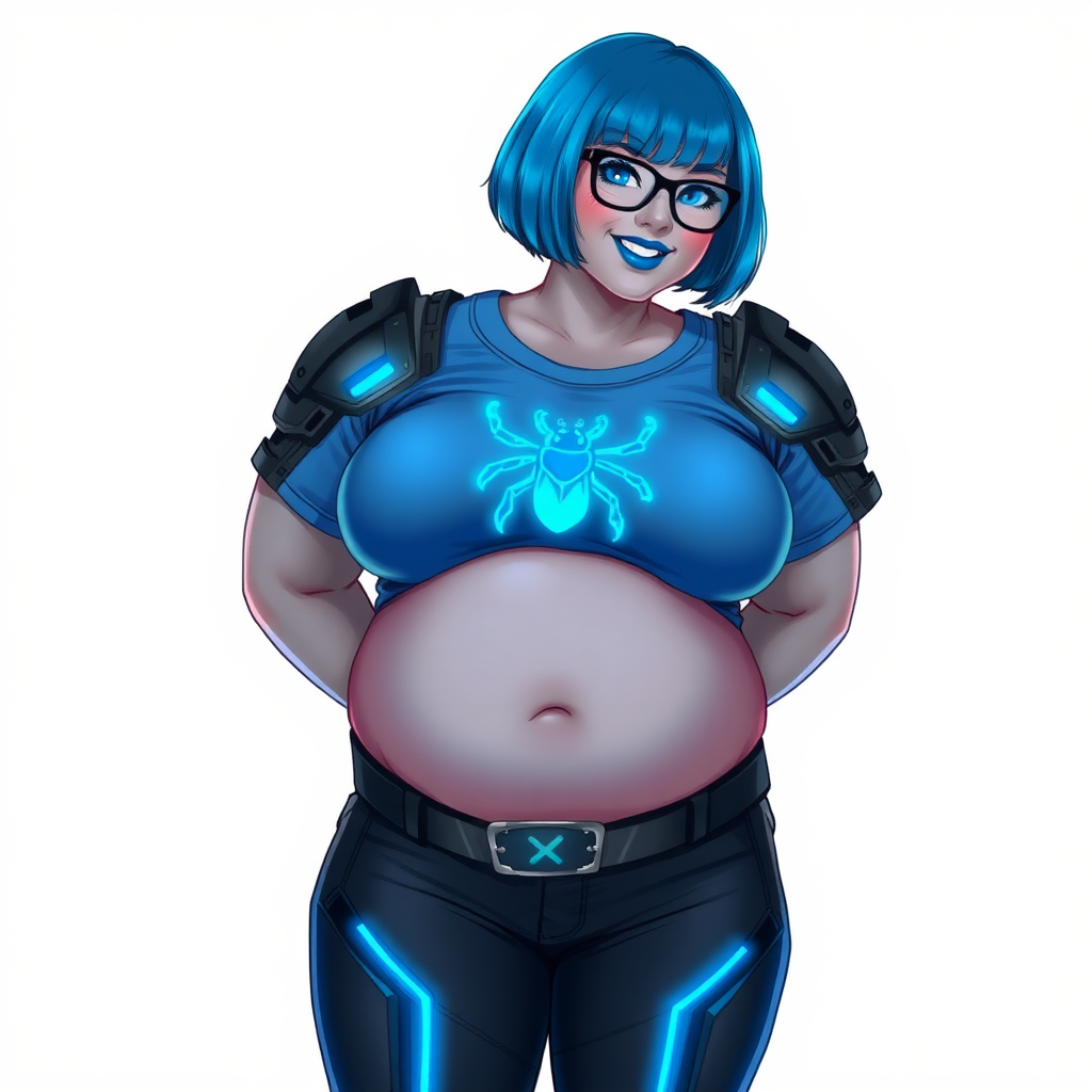 A 28-year-old, full-figured, middle gray skinned computer program hybrid with a maximum blue bob cut. She has a non-athletic build, highlighted by a prominent, round, large midsection (with heavy emphasis on her belly). As a digital sidekick, computer hacker, and nerdy girlfriend to her cyberpunk vigilante boyfriend, her middle gray metallic skin and maximum blue lipstick emphasize her digital nature. She wears a digital, computerized costume consisting of a gargantuan, tight-fitting, maximum blue t-shirt with a neon blue beetle chest icon, hi-tech shoulder pads with neon blue accents, a black belt with a digital neon blue glowing beetle buckle, black biker pants with neon blue glowing accents, and black hi-tech gloves with neon blue glowing accents. Her bright blue eyes, black eyeglasses, and lovestruck smile with neon red blush accentuate her nerdiness. She stands bashfully with her hands behind her back, her costume covering all her skin and emphasizing her full-figured physique (especially her belly). She is clearly non-athletic, with a focus on her full-figured physique. Despite her build, she radiates beauty. She is on a solid white background. She is drawn as if she was in a retro 2D cyberpunk fighting game.