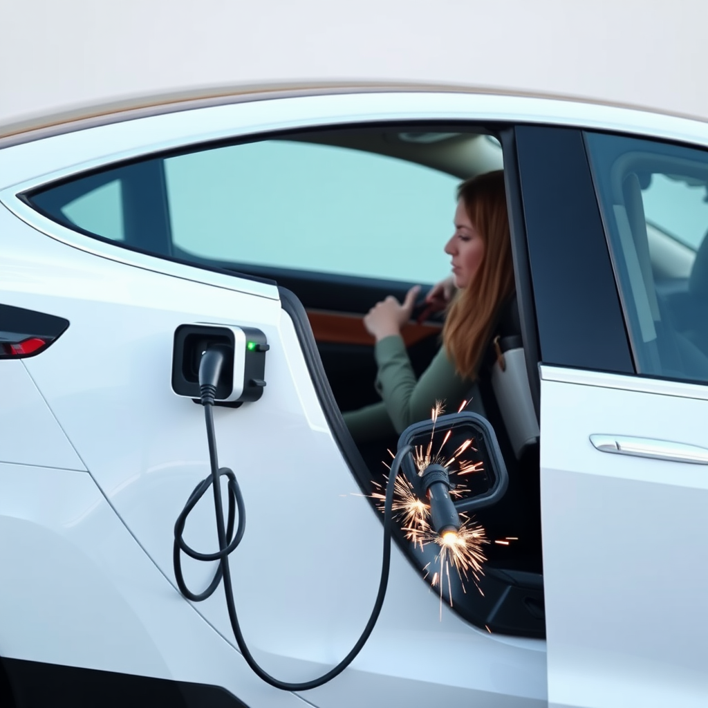 A woman driving a white Tesla with the charging cable still plugged into it. The entire charging unit is still attached, being dragged behind the car, sparking.