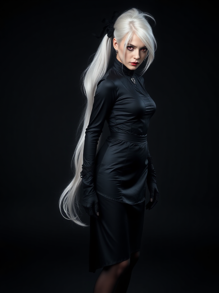 mature adult woman, skinny and tall, long legs, large shoulders, teardrop saggy small breast, long asymmetric undercut layered white hair, side swept bang, long white ponytail tied with a black lace, beautiful detailed face, piercing red eyes with intricate iris details, looking at the camera with a serious expression, wearing gothic style, black silk long sleeve top, black silk long skirt, black pantyhose, black gloves, black ankle boots, standing in a fierce pose with her head held high