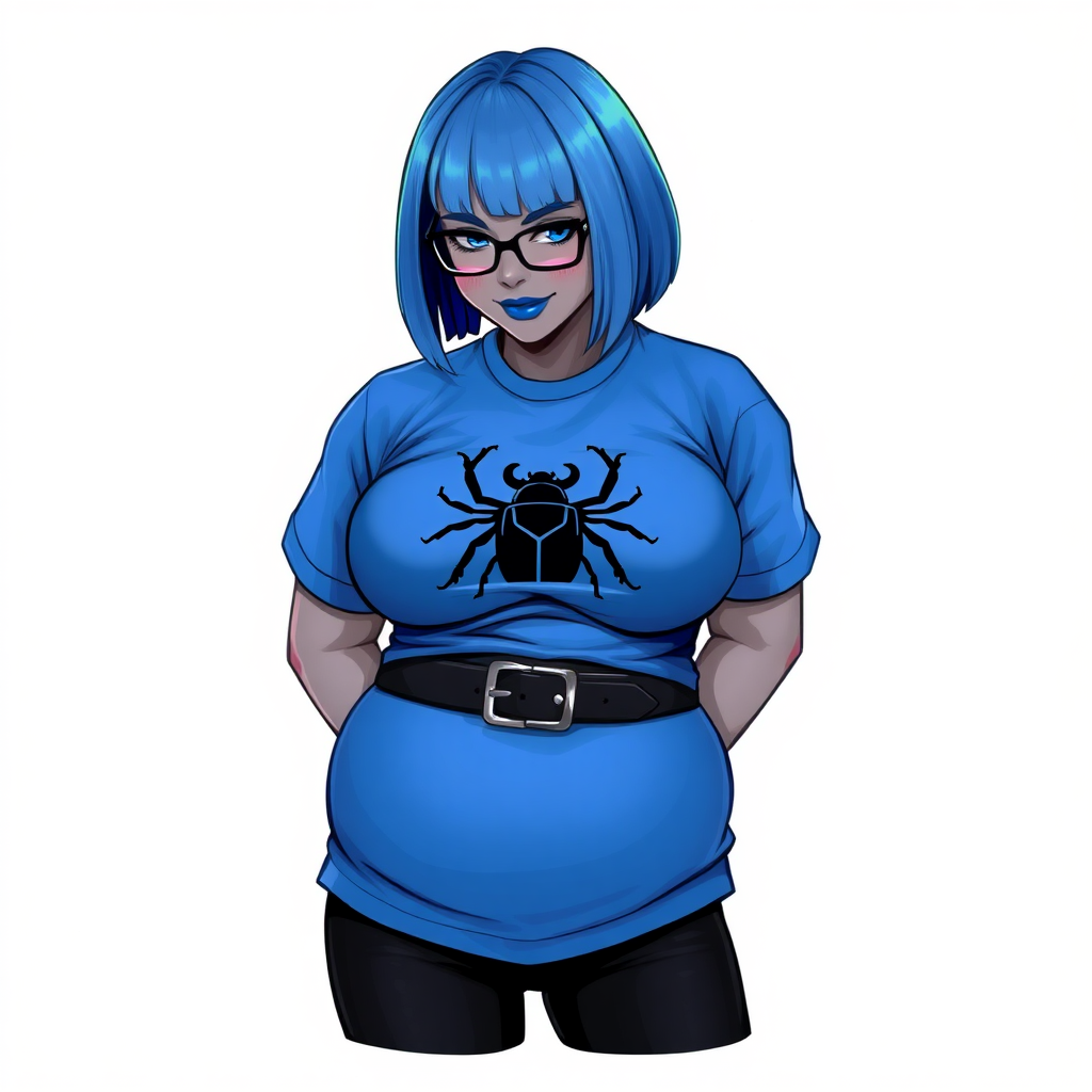 A 28-year-old, full-figured, metallic middle gray skinned computer program hybrid with a short maximum blue bob cut. She has a non-athletic build, highlighted by a prominent, round midsection (with a focus on her round belly). As a digital sidekick to her cyberpunk vigilante boyfriend, her middle gray metallic skin and maximum blue lipstick emphasize her digital nature. She wears a huge, tight-fitting, maximum blue t-shirt (accentuating her belly) with a black chest icon of a beetle, black pants, a black belt with a sapphire scarab buckle, and black gloves. Her bright blue eyes, black eyeglasses, and shy smile with neon red blush accentuate her nerdiness. She bashfully bows her head (while still facing the screen) with her hands behind her back, her t-shirt covers her midsection (especially her belly) and emphasizing her full-figured, non-athletic physique. She is on a solid white background. She is drawn as if she was in a retro 2D cyberpunk fighting game. She is clearly non-athletic, with a focus on her full figure. Make sure her outfit covers all of her bare skin (especially her midsection).